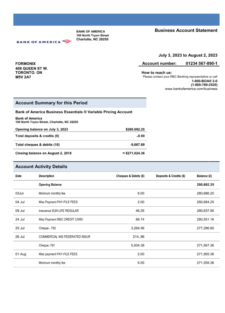 Modèle Word et PDF de relevé de compte professionnel de Bank of America